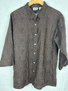 Chico's Vintage Brown Linen Rose-Patterned Button-Down Shirt Women's Size 3